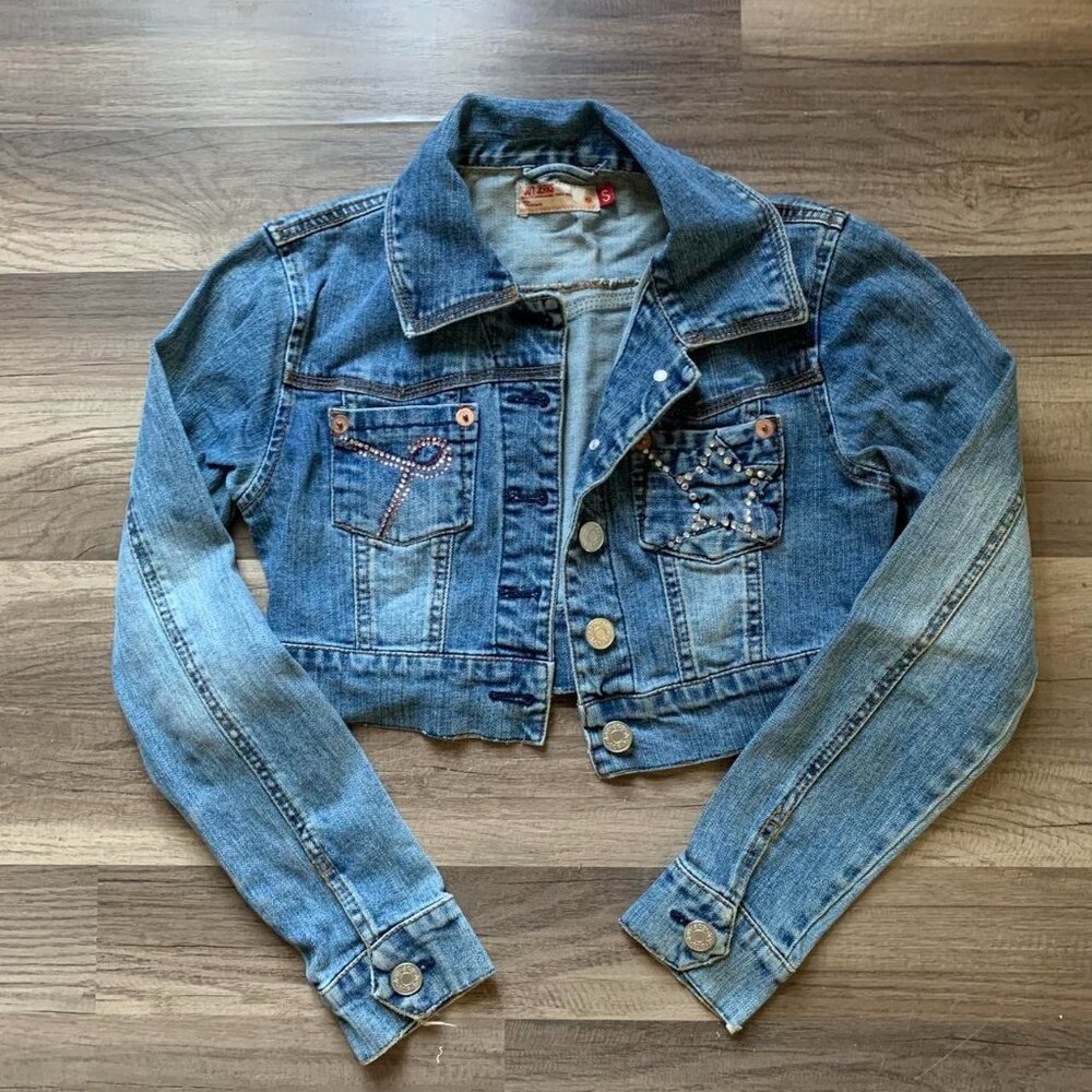 Vintage Casual Joy Jeans Denim Cropped Jean Jacket Size Small Embellished